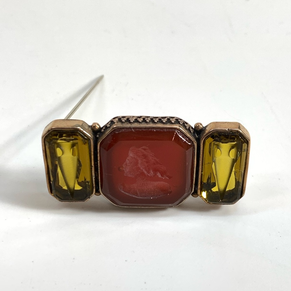 Extasia Trio Brooch Victorian Intaglio Cameo Clear Art Glass Pin Olive Marsala